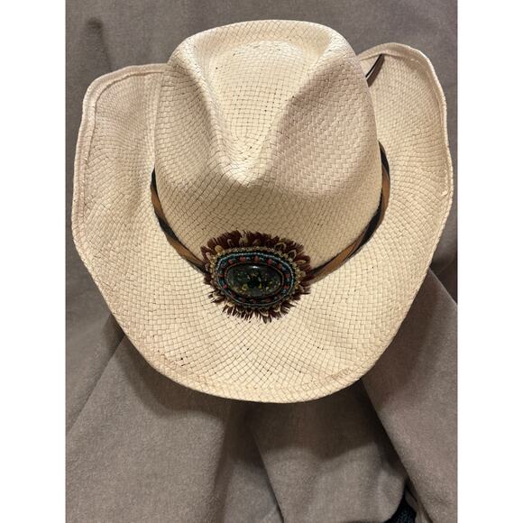 Connor Handmade Hats Women’s Western Cowboy Natural Fiber Beads and Feathers - Picture 2 of 8